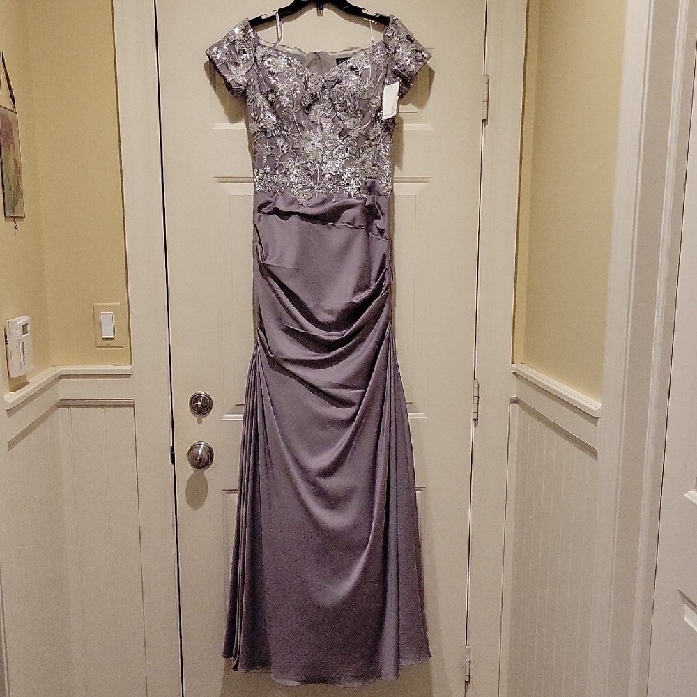 La Femme Taupe-Lavender Off-Shoulder Formal Dress With Beading And Sequins